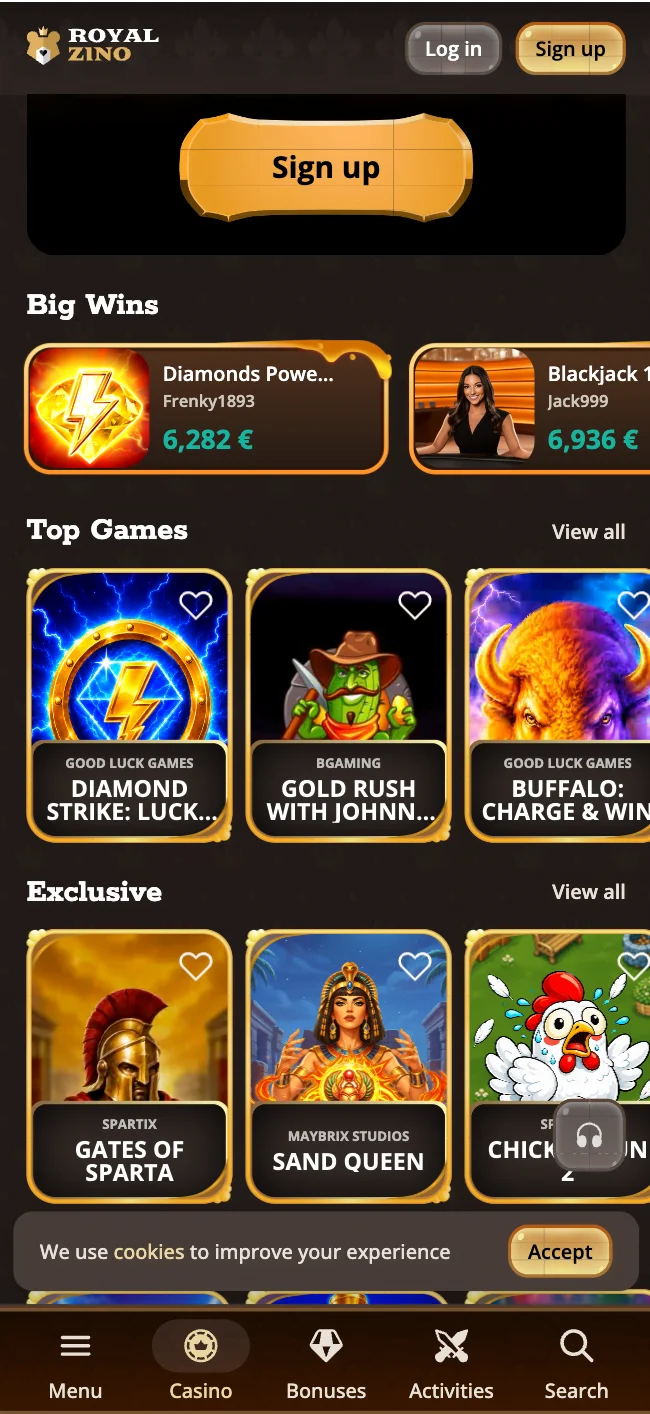 Acceso por aplicación y navegador en RoyalZino Casino